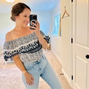 Solitaire Blue Floral Off Shoulder Blouse Top Medium